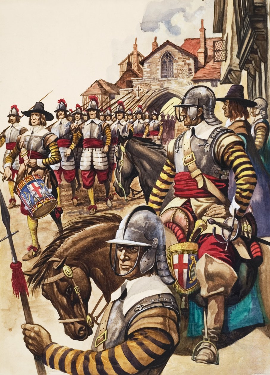 Un grupo de piqueros del Ejército del Nuevo Modelo marchan a la batalla dirigidos por un tamborilero (gouache sobre papel) de Peter Jackson