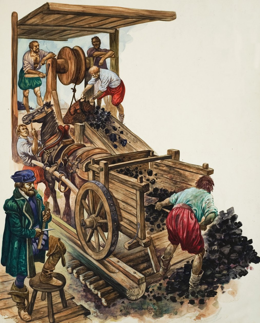 Un contador anota cuántas cargas de carbón salen de la mina mientras un minero llena un carro y otros izan más a la superficie (gouache sobre papel) de Peter Jackson