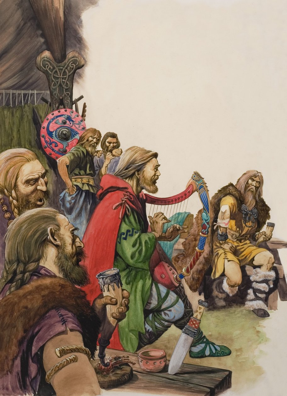 Alfredo (849-899) disfrazado de juglar en el campamento del rey Guthrum (gouache sobre papel) de Peter Jackson