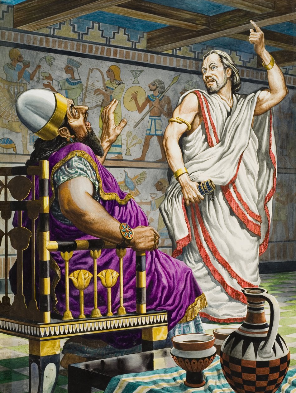 Ehud sosteniendo el puñal con el que matará al rey moabita Eglón (gouache sobre papel) de Peter Jackson