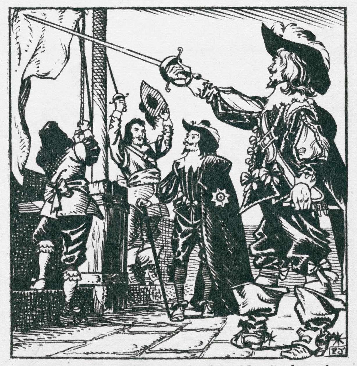 El rey Carlos I izando su estandarte en Nottingham en 1642, iniciando así la Guerra Civil (litografía) de Peter Jackson