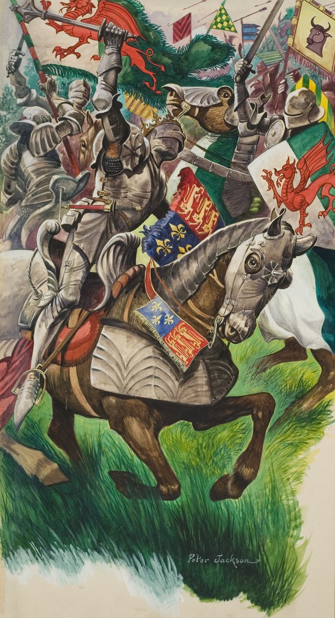 El rey Ricardo (1452-85) y Enrique Tudor (1457-1509) en el campo de batalla de Market Bosworth en 1485 (gouache sobre papel) de Peter Jackson