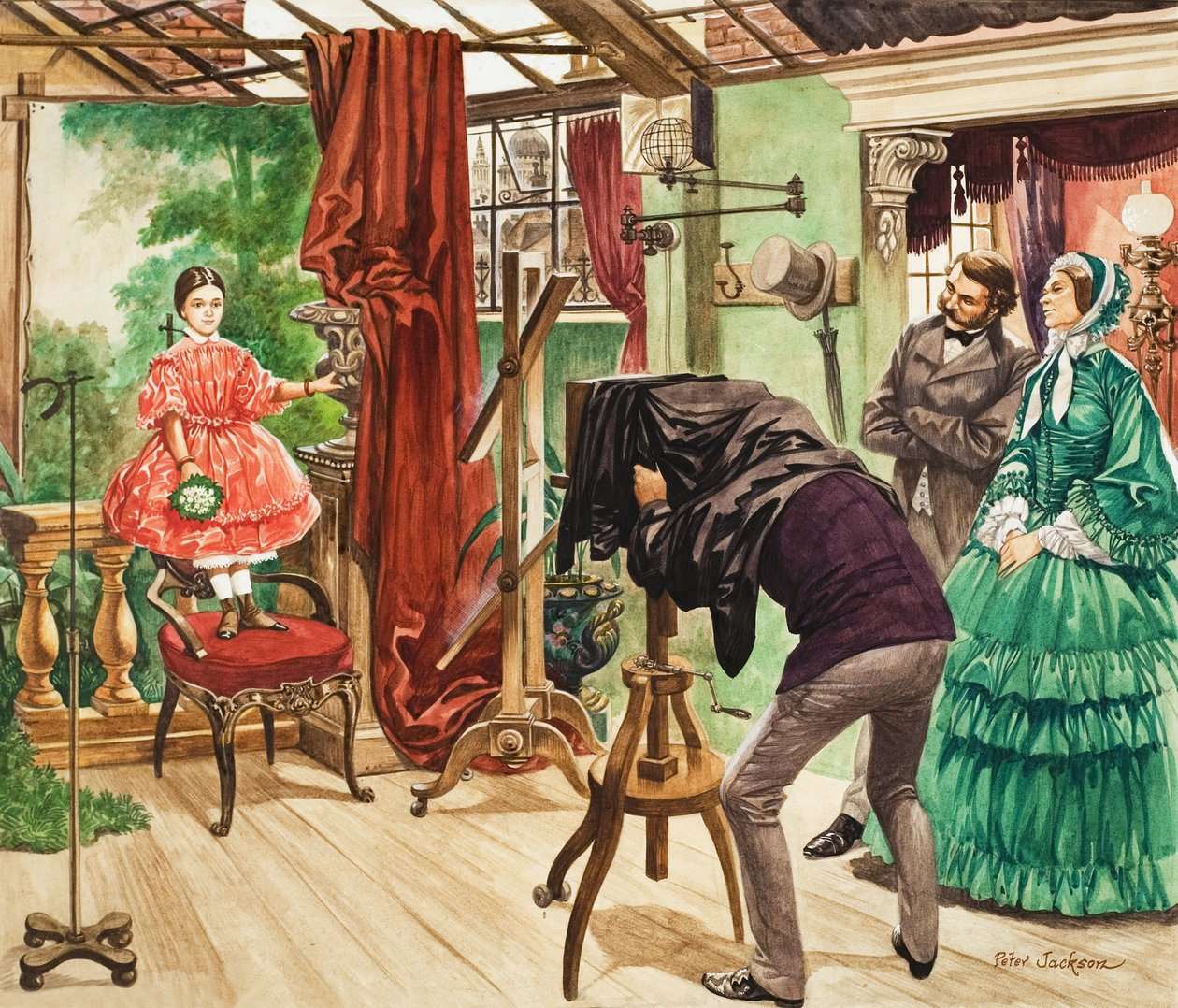 Sesión fotográfica del siglo XIX (gouache sobre papel) de Peter Jackson