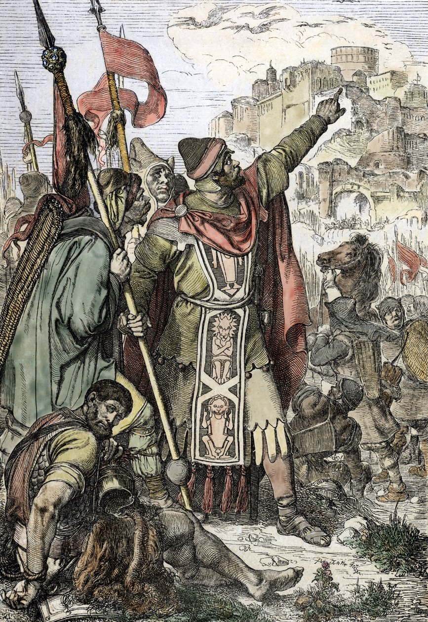Invasión bárbara: "El rey de los hunos Atila (406-453) apresado para sitiar la ciudad de Aquilea en Italia vigila con sus soldados de Peter Johann Nepomuck Geiger