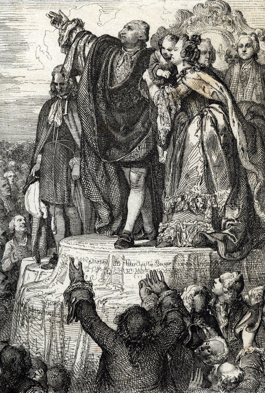 Celebración de la Primera Federación Nacional el 14 de julio de 1790 en el Altar de la Patria de Champs-de-Mars, con motivo del primer aniversario de la toma de la Bastilla: El rey Luis XVI, rodeado de su familia, jura la Constitución. de Peter Johann Nepomuck Geiger
