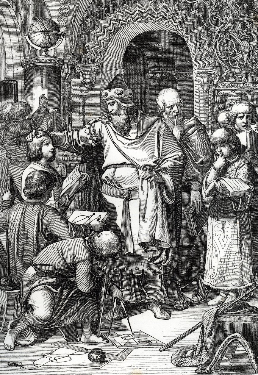 Emperador Carlomagno (742-814) fundador de la escuela reunión de niños" (El emperador Carlomagno se reúne con los niños, su interés por la educación y el aprendizaje y el mecenazgo de los eruditos ha hecho que se le considere el patrón de las escuelas) Dib de Peter Johann Nepomuck Geiger