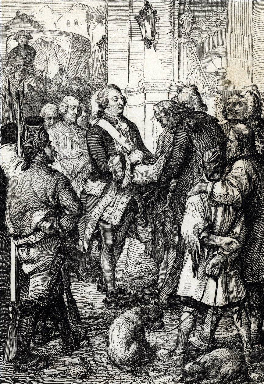 Revolución Francesa: El rey Luis XVI recibe del alcalde de París Jean-Sylvain Bailly la escarapela tricolor. de Peter Johann Nepomuck Geiger