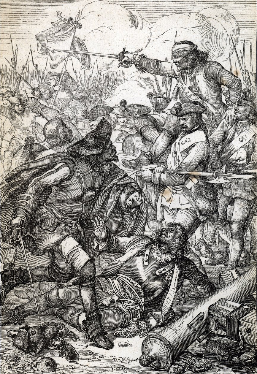 Gran Guerra del Norte: "The Battle of Poltava (or Pultawa) between the Armee of Peter I of Russia and the troops of Charles XII of Sweden, 8/07/1709" (Gran Guerra del Norte: Batalla de Poltava, 8 de julio de 1709) Dibujo a pluma de "Historische Memorabilia de Peter Johann Nepomuck Geiger