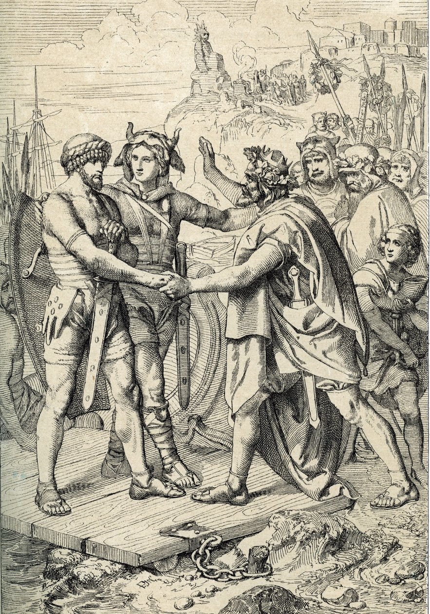 Desembarco de Hengest y Horsa, figuras de la leyenda anglosajona, que registra a los dos como los hermanos germánicos que dirigieron los ejércitos anglos, sajones y jutos que conquistaron los primeros territorios de Gran Bretaña en el siglo V Pen extraído  de Peter Johann Nepomuck Geiger