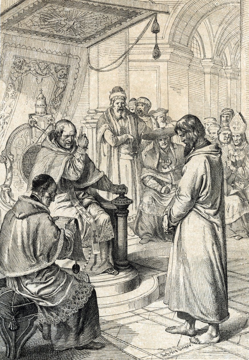 Querilo de las investiduras, penitencia de Canossa: En Canossa, el emperador Enrique IV del Sacro Imperio Romano Germánico (1050-1106), vestido de penitente, implora el perdón del papa Gregorio VII (Hildebrando: 1015/20-1085) haciendo honor a su enmienda e de Peter Johann Nepomuck Geiger