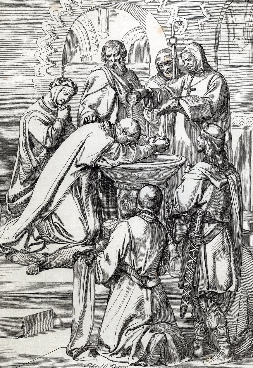 Representación de San Agustín de Canterbury (fallecido en 604), enviado a Inglaterra por el Papa Gregorio Magno en 596 para convertir a los anglosajones - Se encuentra aquí ante Ethelbert, rey anglosajón de Kent (552? -616) al que bautizó en 597 (Agustín,  de Peter Johann Nepomuck Geiger