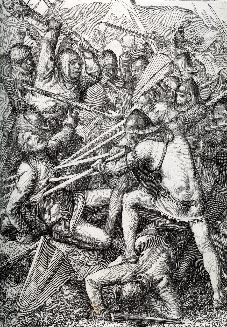 La batalla de Sempach, librada el 9 de julio de 1386 entre Leopoldo III, duque de Austria, y la Vieja Confederación Helvética, dibujo a pluma extraído de "Historische Memorabilian des In-und Auslandes" (Recuerdos históricos del interior y el extranjero) de de Peter Johann Nepomuck Geiger