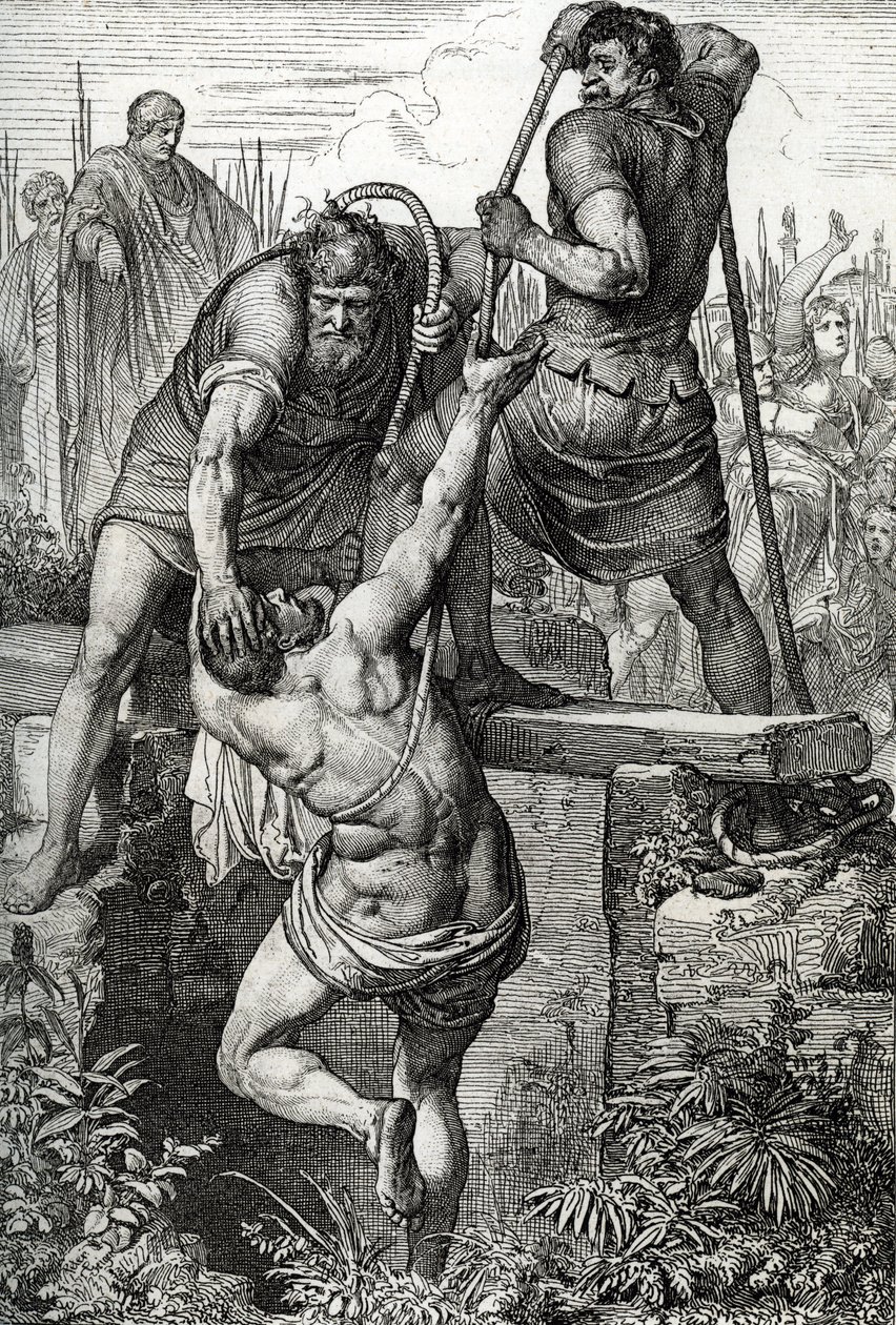 El emperador bizantino Zenón (425-491), de regreso a Constantinopla, hizo encerrar al usurpador Flavio Basilisco (Basilisco) con su familia, 477 (muerto de Basilisco encerrado en una cisterna seca, para morir expuesto, por el emperador romano Zenón, 477) D de Peter Johann Nepomuck Geiger