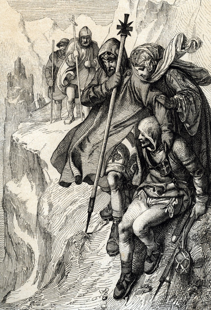 El rey de los romanos Enrique IV pasando el paso del Monte Cenis para cruzar los Alpes e ir a la condesa Matilde de Toscana a Canossa donde el Papa Gregoire VII, enero de 1077" (Enrique IV cruzó los Alpes por el paso del Monte Cenis para llegar al castillo de Peter Johann Nepomuck Geiger