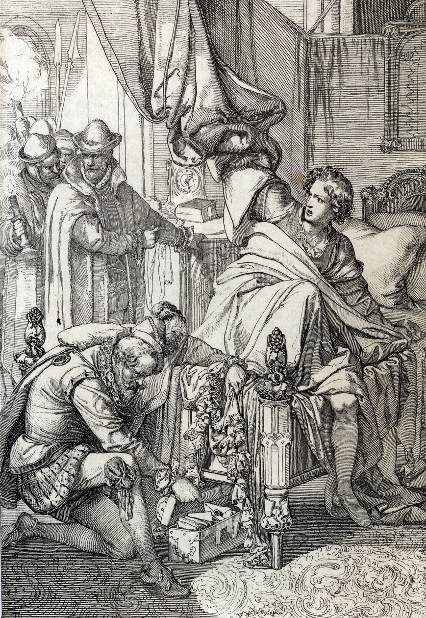 La detención de Carlos de Austria (1545-1568) (Don Carlos) hijo de Felipe II de España en 1568 por los hombres de su padre (Carlos, Príncipe de Asturias hijo mayor y heredero del rey Felipe II de España encarcelado por su padre a principios de 1568) Dibujo de Peter Johann Nepomuck Geiger