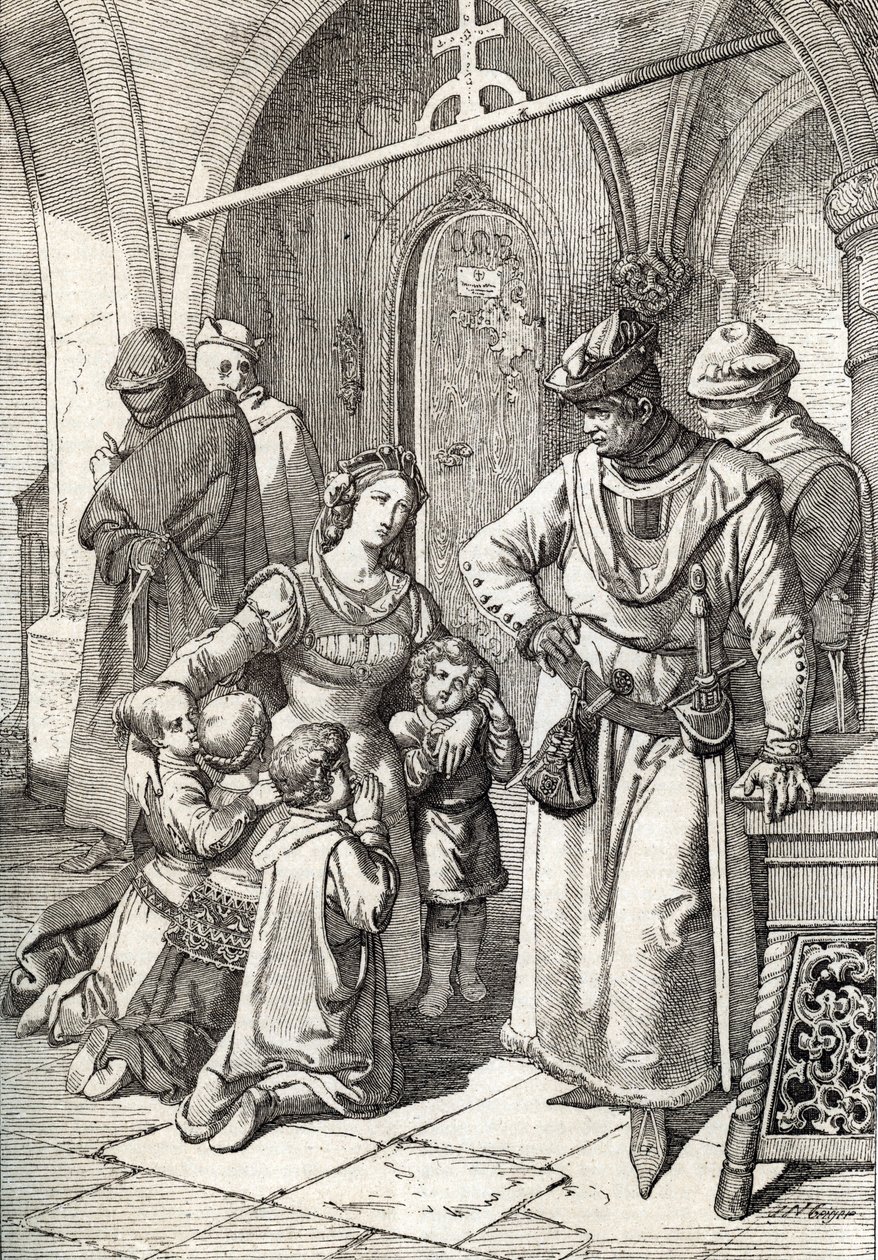 El asesinato de la noble dama Inés de Castro (1320-1355), segunda esposa de Pedro I de Portugal en el monasterio Santa Clara de Coimbra, Portugal 1355 (Wife of King Peter I of Portugal Ines Castro