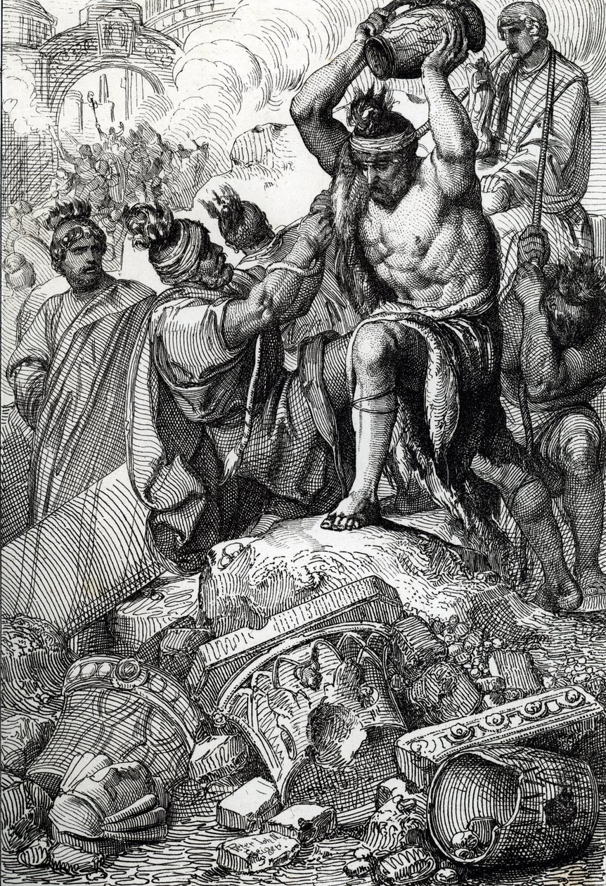 La bolsa de Roma (Italia), en 410, tomada de la ciudad y saqueada por los visigodos dirigidos por Alarico (370-410) (Saqueo de Roma por los visigodos dirigidos por Alarico I en 410, durante el reinado del emperador Honorio) Dibujo a pluma extraído de "Hist de Peter Johann Nepomuck Geiger