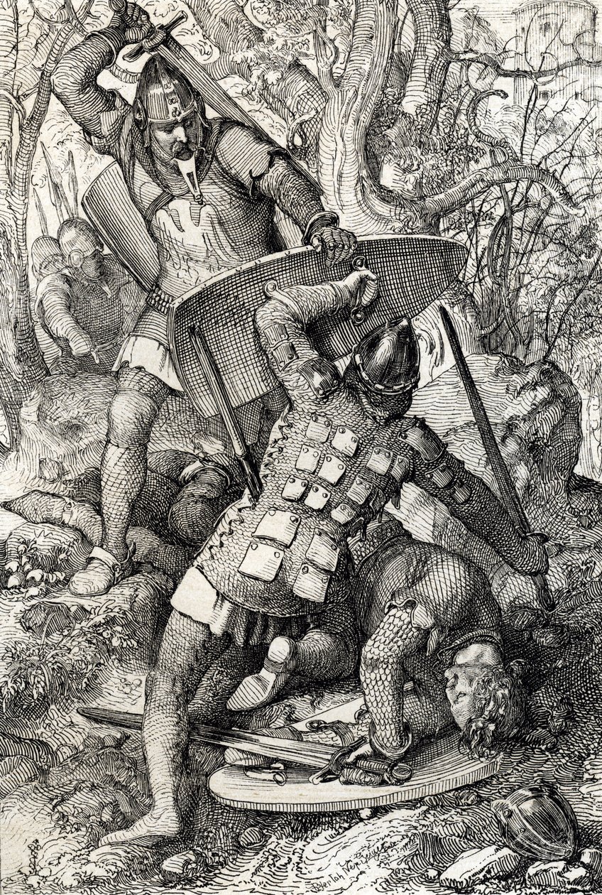 La muerte de Ernesto II de Suabia (1010-1030) en una batalla contra el eveque de Constanza, Alemania (La muerte de Ernesto II, duque de Suabia en Constanza, Alemania de Peter Johann Nepomuck Geiger