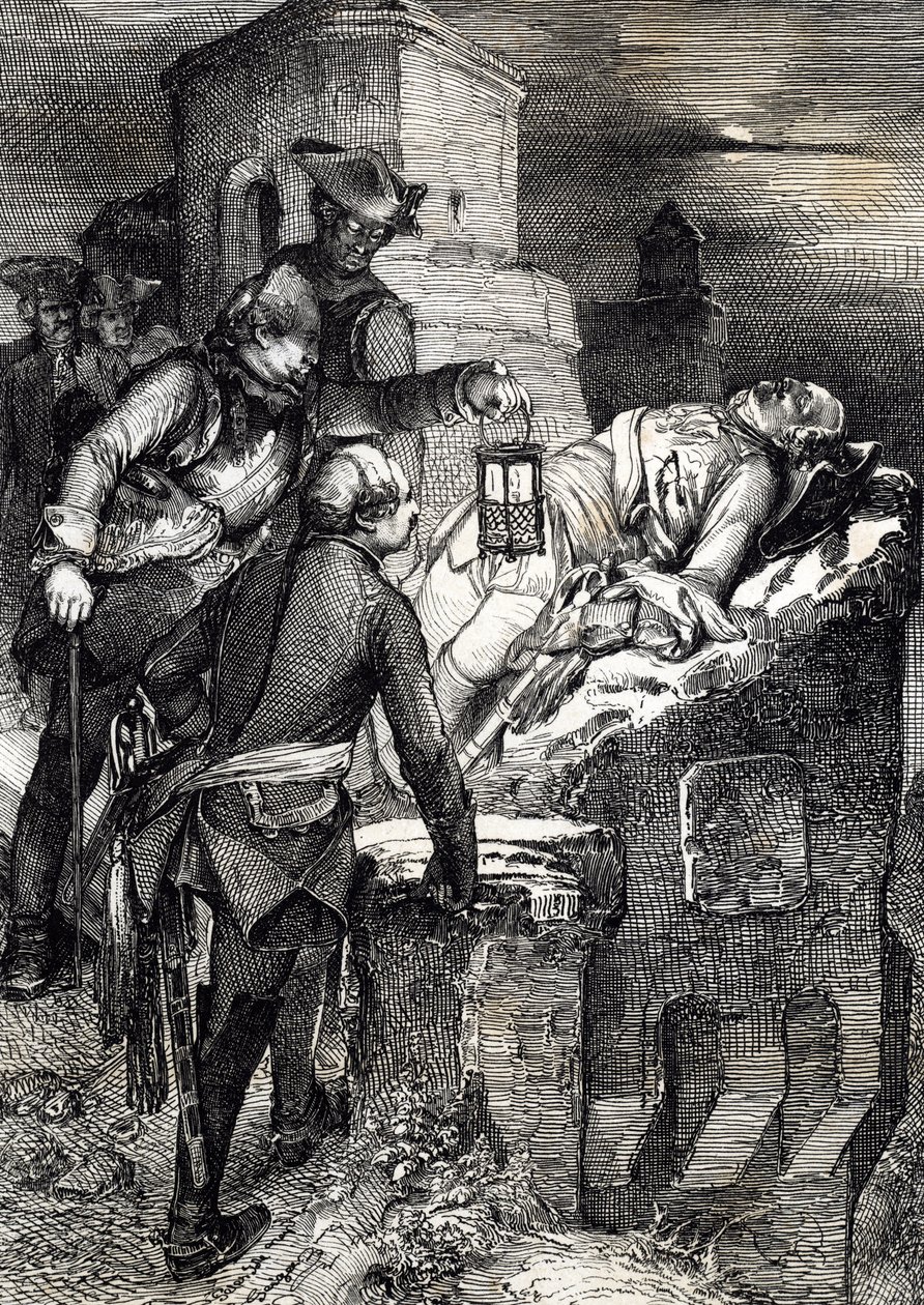 La muerte del rey Carlos (o Carl) XII de Suecia (1682-1718) durante el asedio del primer fuerte noruego Fredriksten de Peter Johann Nepomuck Geiger