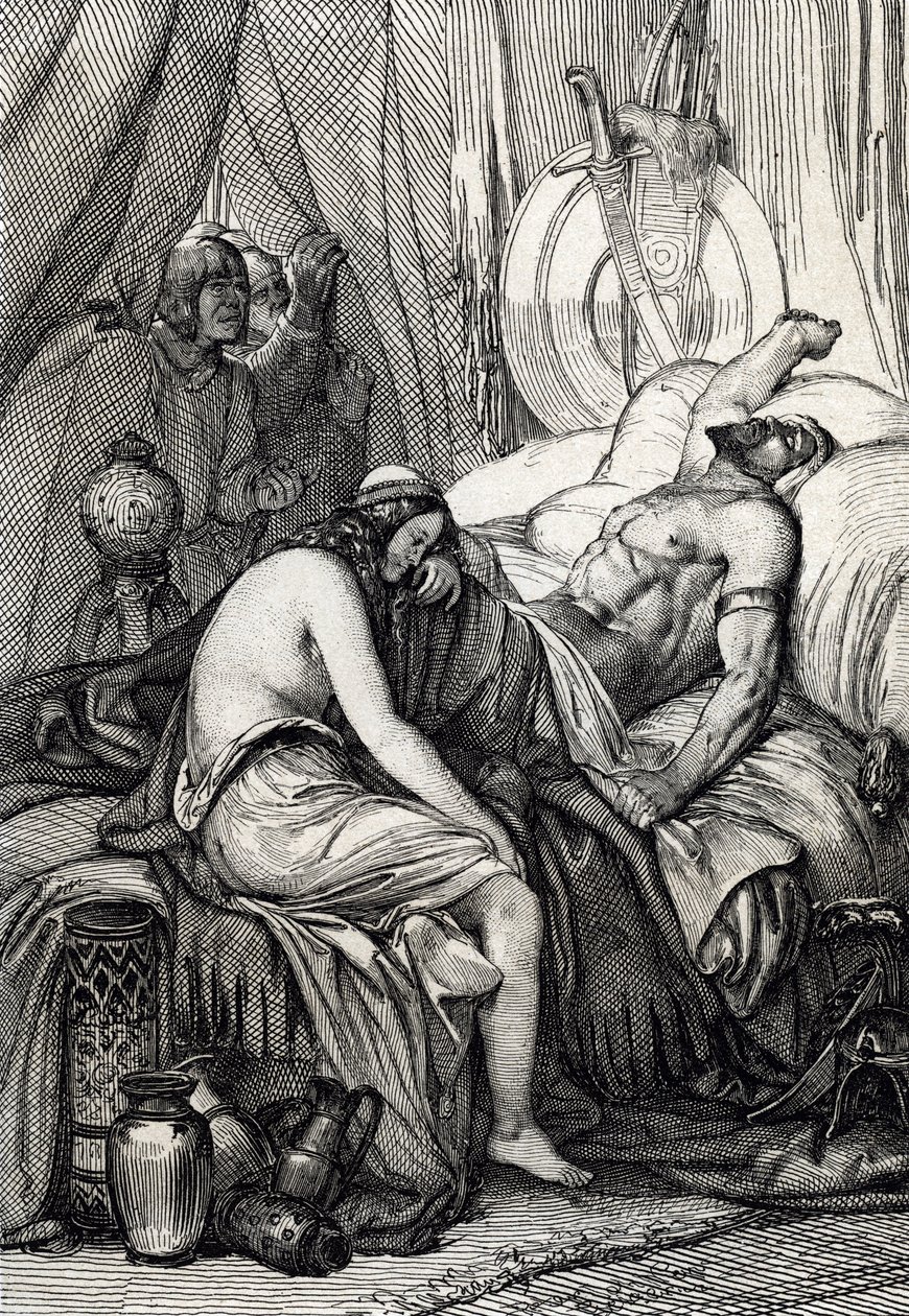 La muerte del rey de los hunos Atila (395-453) durante su sueño en su noche de bodas con la germana Ildico, 453 (Muerte de Atila, soberano de los hunos en su noche de bodas, su novia Ildico llora sobre su cuerpo, 453) Dibujo a pluma extraído de "Historis de Peter Johann Nepomuck Geiger