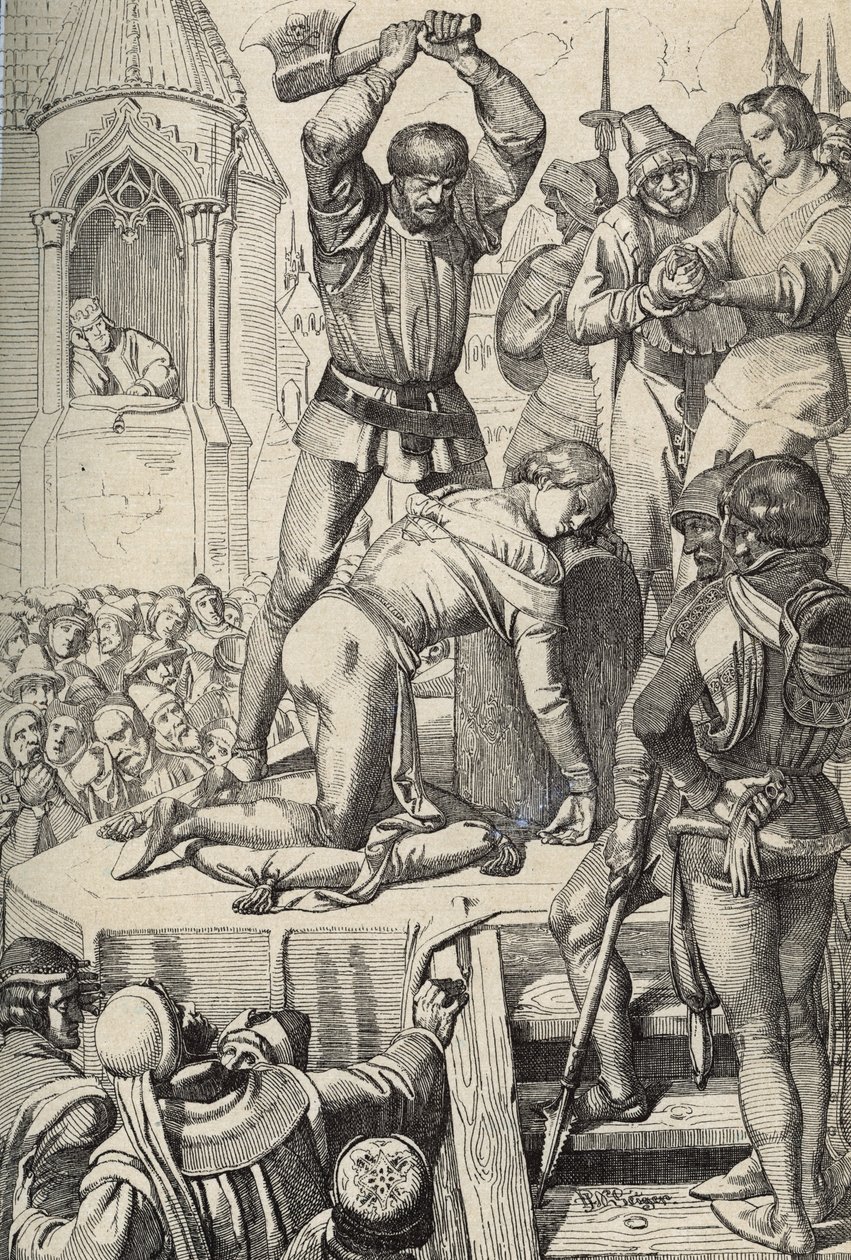La ejecución de Conradino (o Conrado de Hohenstaufen) rey de Sicilia y duque de Suabia (1252-1268) por orden de Carlos de Anjou tras la batalla de Tagliacozzo en 1268 (Ejecución de Conradino (o Conrado el joven), último rey Staufer de Sicilia, tras de Peter Johann Nepomuck Geiger