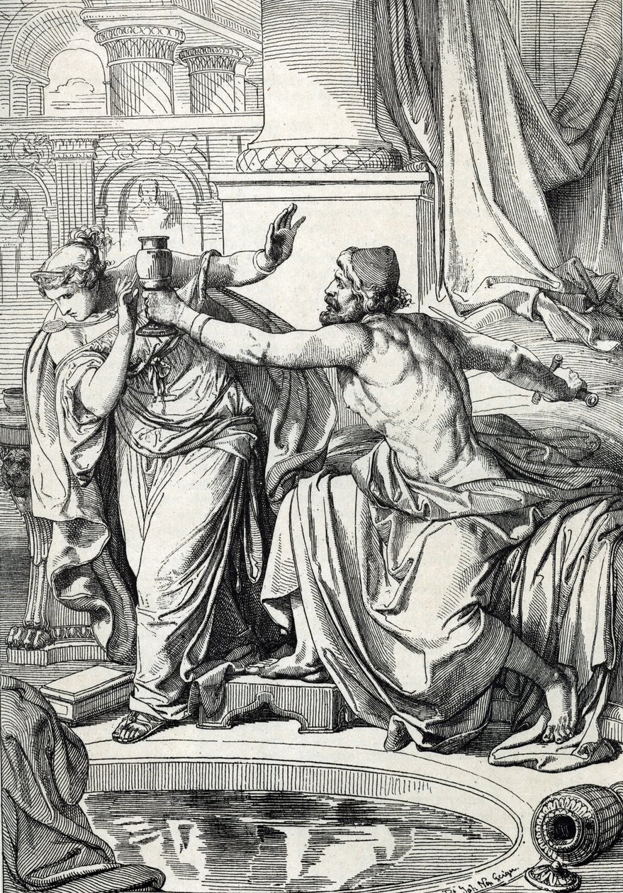 The gepid princess Rosemonde (died 572) and her lover murderer of her husband King Alboin poisoned themselves with the same cup of poison, 572 (La gépida princesa Rosamunda (o Rosamunde) y su amante se suicidan con la misma copa de veneno, 572) Dibujando u de Peter Johann Nepomuck Geiger