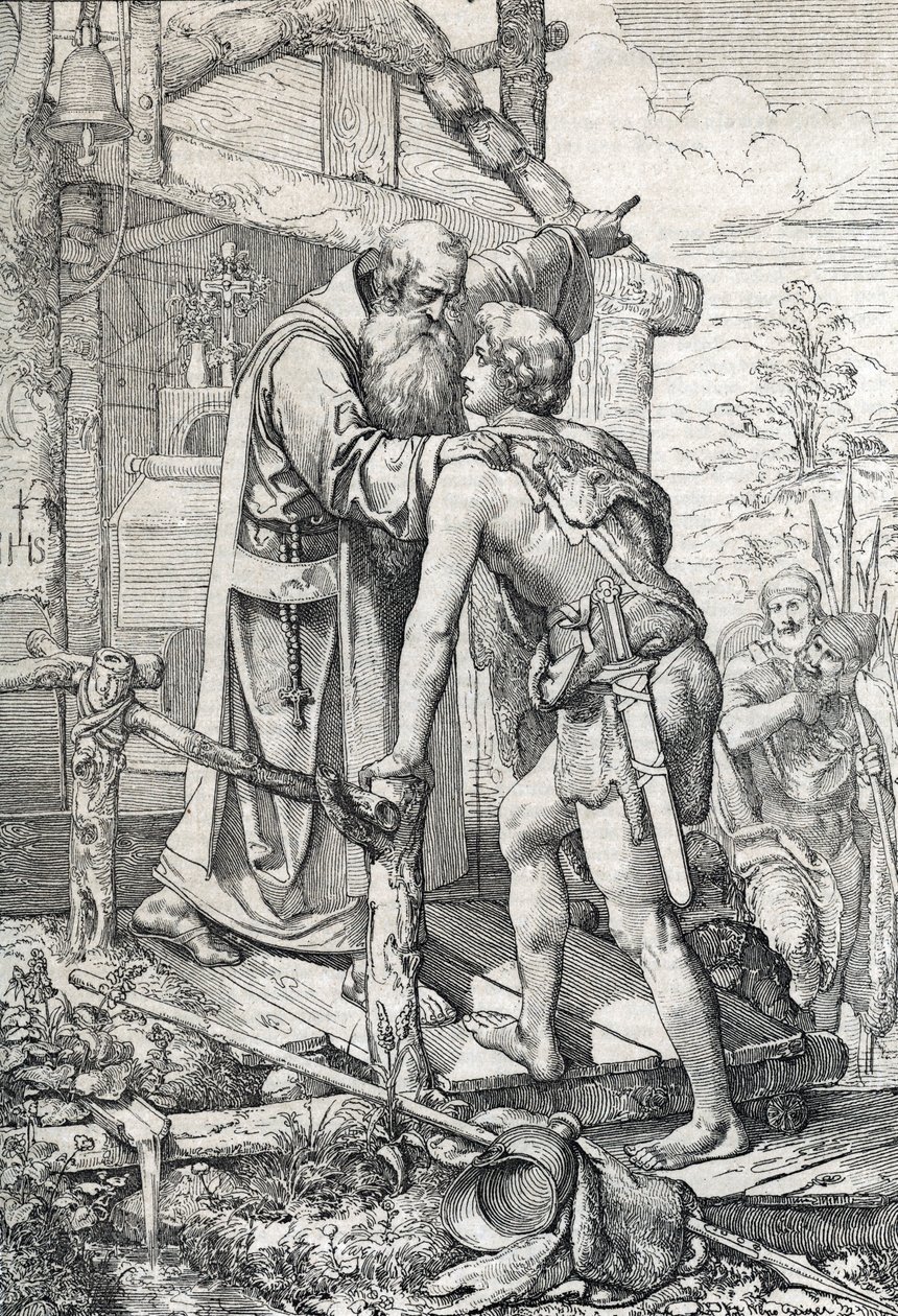 El joven Odoacro (h. 433-493) recibiendo la bendición de Severino, Apotre de Norique, h. 470 (Odoacro conoce al monje Severino de Noricum, quien le enseña que un día llegaría a ser famoso, 470 ca) Dibujo a pluma extraído de "Historische Memorabilian des de Peter Johann Nepomuck Geiger