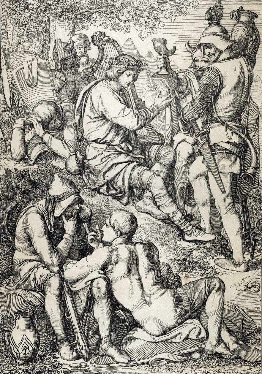 Guerra contra los vikingos: "El rey de Wessex Alfredo I el Grande (846-899) disfrazado de arpista entra en el campamento de Guthrum para derober sus planes de batalla, Somerset 878 (El rey Alfredo el Grande, disfrazado de músico, viendo la situación del en de Peter Johann Nepomuck Geiger