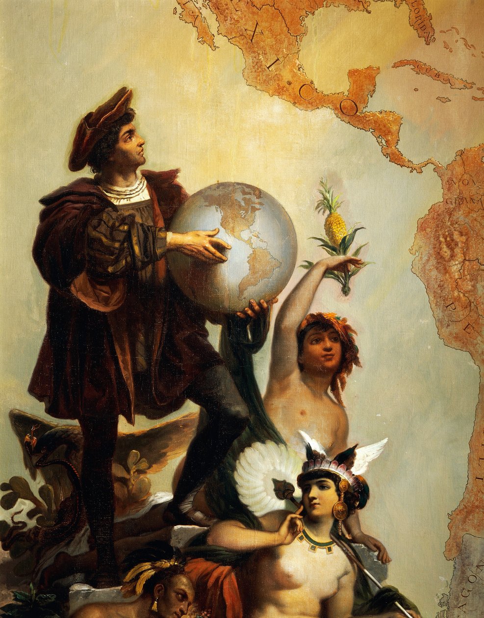 Cristóbal Colón (1451-1506), detalle de Alegoría sobre Carlos V de Habsburgo (1500-1558) como gobernante del mundo, pintura de Peter Johann Nepomuk Geiger (1805-1880), Salón del Trono, castillo de Miramare, Trieste, Friul-Venecia Julia, Italia. de Peter Johann Nepomuk Geiger