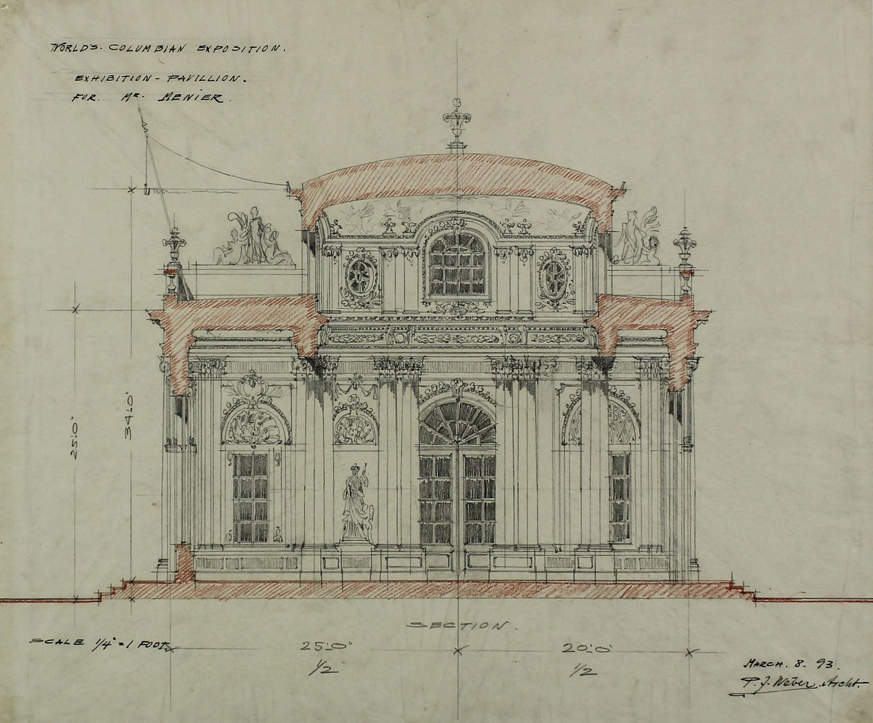Pabellón del Chocolate-Menier, Exposición Universal de Colombia, Chicago, Illinois, Boceto de sección de Peter Joseph Weber