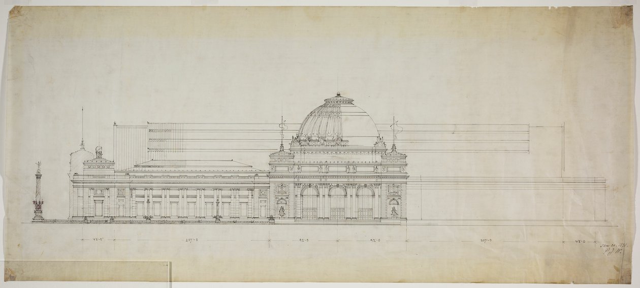 Sala de exposiciones junto al lago, Chicago, Illinois, elevación de Peter Joseph Weber