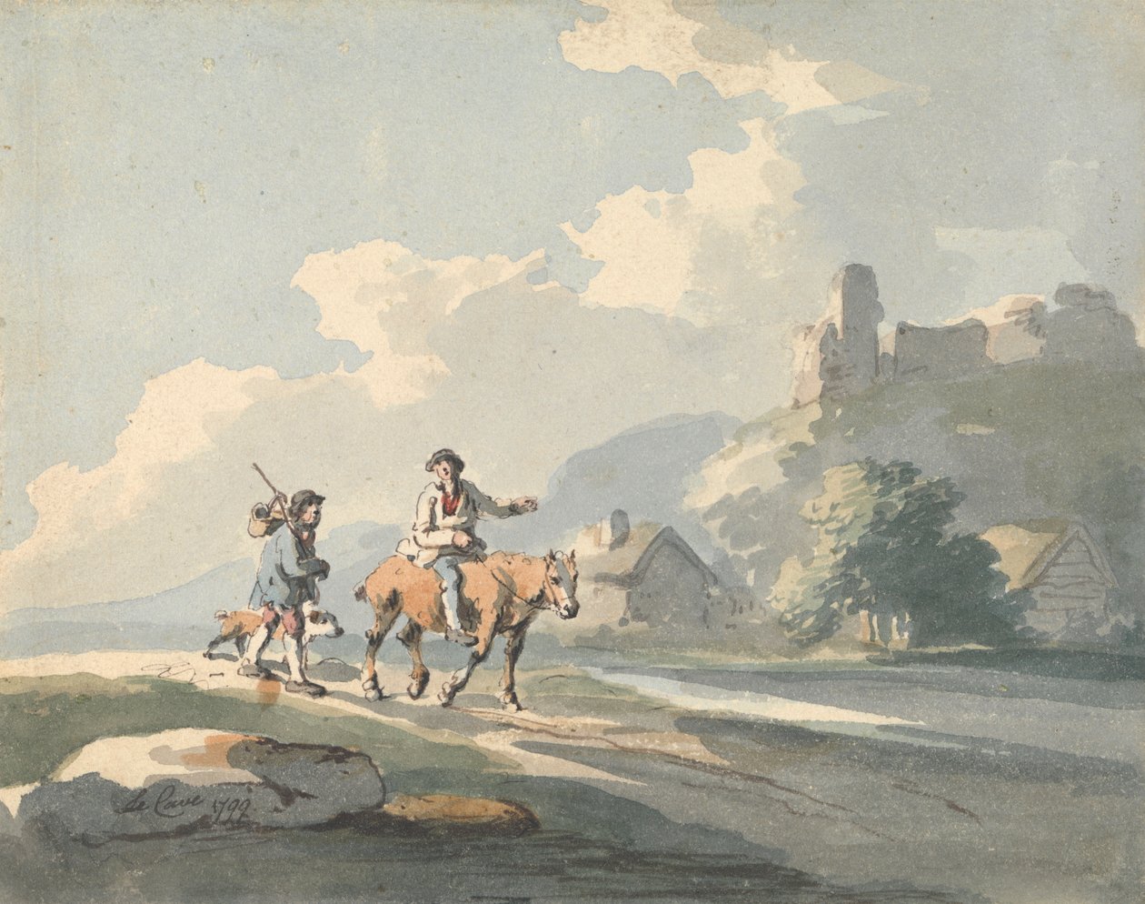Composición: dos viajeros y un perro en una carretera que pasa junto a casas de campo, con ruinas en una colina de Peter La Cave