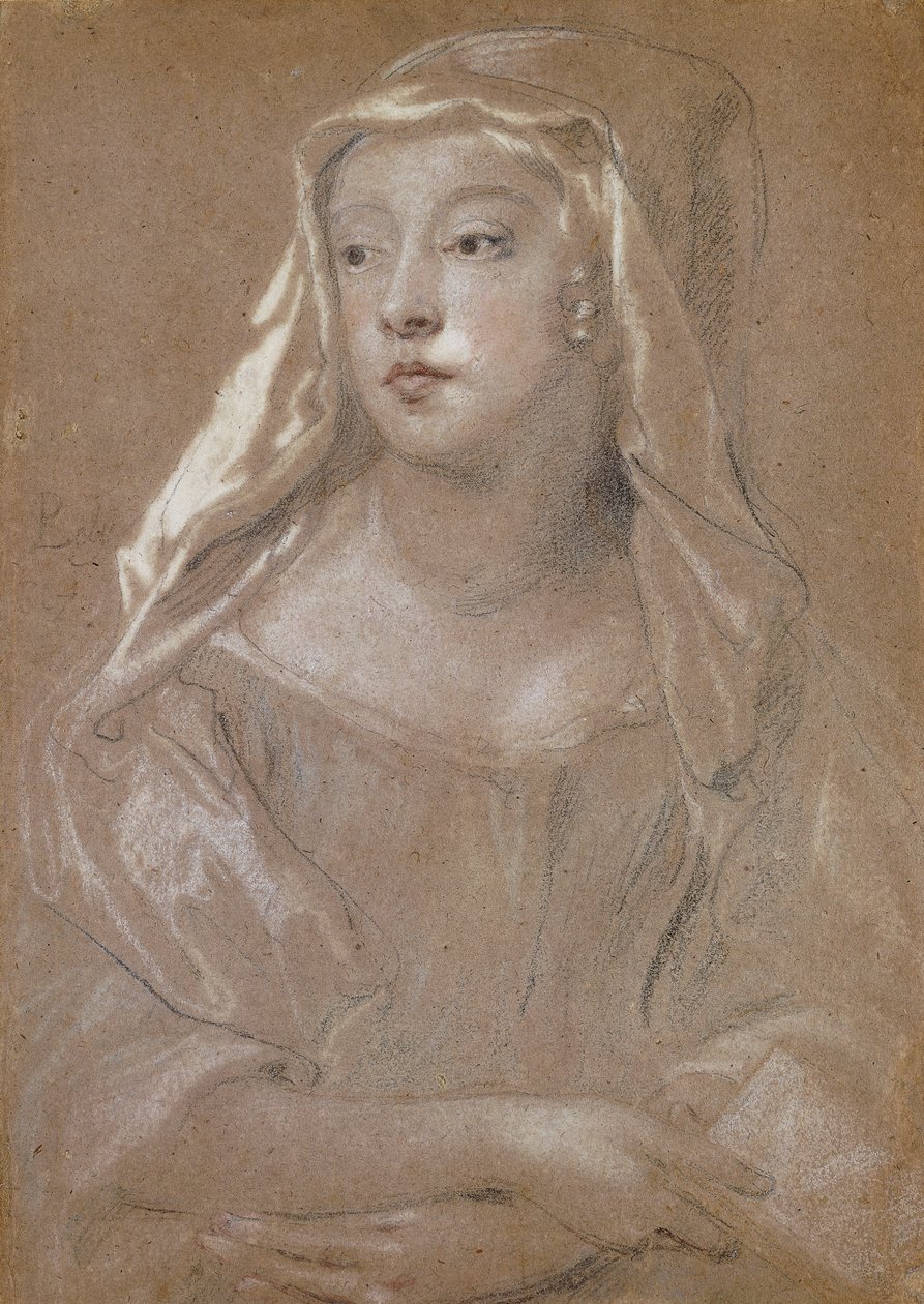 Retrato de una joven, tradicionalmente identificada como Sarah Jennings, duquesa de Marlborough, medio cuerpo, sosteniendo un libro, sus manos cruzadas en su regazo, su tocado drapeado sobre sus hombros, 1667 de Peter Lely