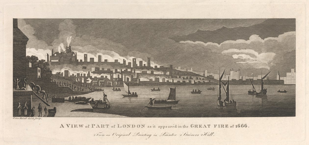 Vista de parte de Londres tal como apareció en el Gran Incendio de 1666 de Peter Mazell