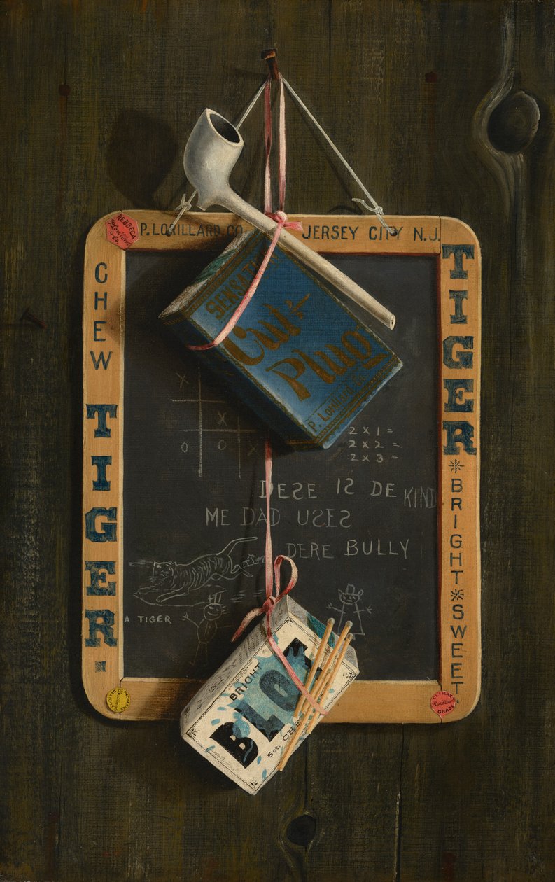 Pizarra, pipa, tabaco y caja de cerillas, c.1890-1900 (óleo sobre lienzo) de Peter McCallion