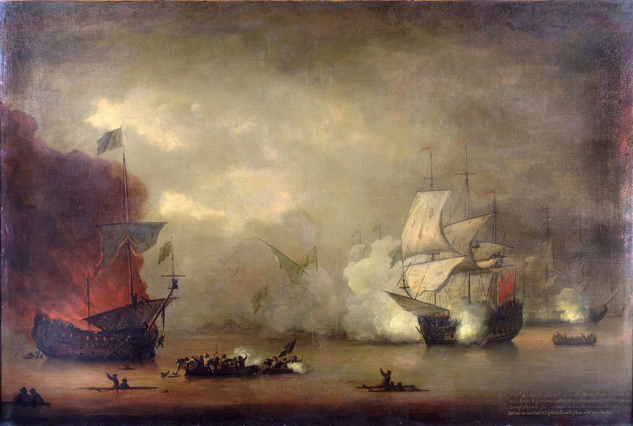 Combate naval entre el HMS "Mary Rose" de la Royal Navy y siete piratas argelinos frente a las costas de Tánger (Marruecos), el 8 de diciembre. de Peter Monamy