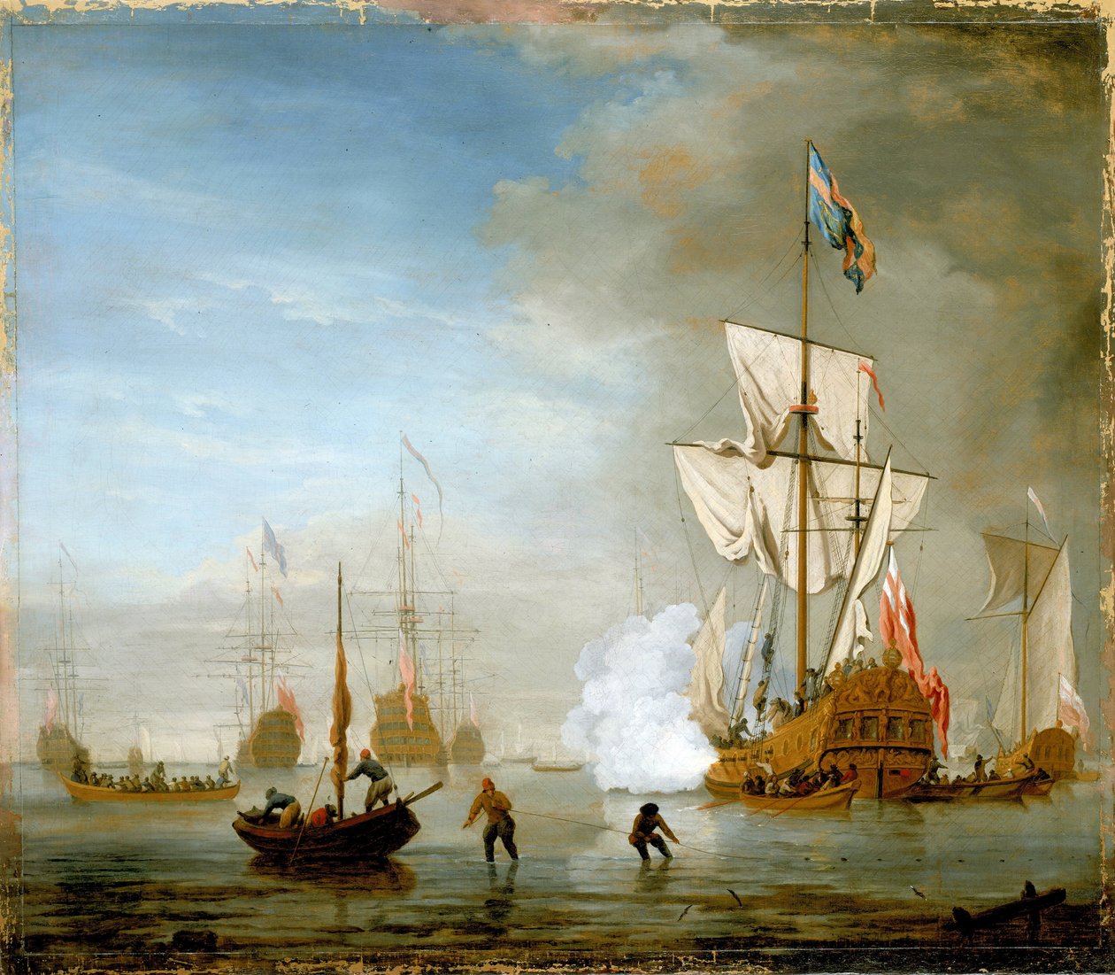 El velero tiene dos mástiles y plataforma (plataforma), identificado como el "Isabella" con bandera real de Peter Monamy