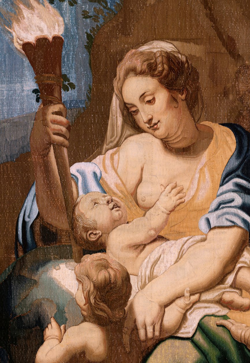 Tapiz flamenco. Serie El Triunfo de la Eucaristía. Alegoría de la Caridad iluminando al mundoà. Vigésimo tapiz de la serie. Modelo Peter Paul Rubens. 1626-1628. Manufactura Jan II Raes, Bruselas de Peter Paul (after) Rubens