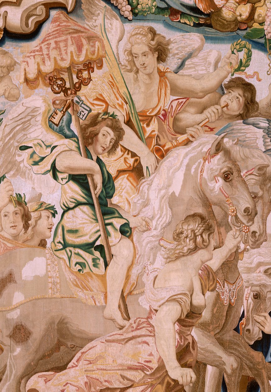 Tapiz flamenco. Serie El Triunfo de la Eucaristía. El Triunfo de la Iglesia (El Triunfo de la Iglesia). Octavo tapiz de la serie. Modelo Peter Paul Rubens. 1626-1628. Manufactura Jan II Raes, Bruselas de Peter Paul (after) Rubens