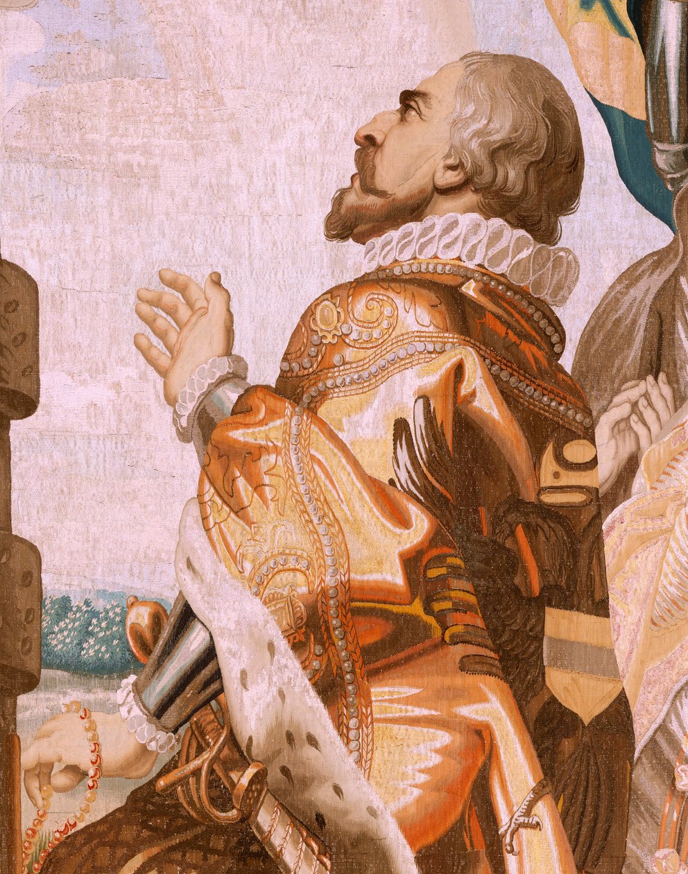 Tapiz flamenco. Serie El Triunfo de la Eucaristía. Las jerarquías civiles en adoración. Decimosexto tapiz de la serie. Modelo Peter Paul Rubens. 1626-1628. Manufactura Jan II Raes, Jacques Fobert y Jan Vervoert, Bruselas de Peter Paul (after) Rubens