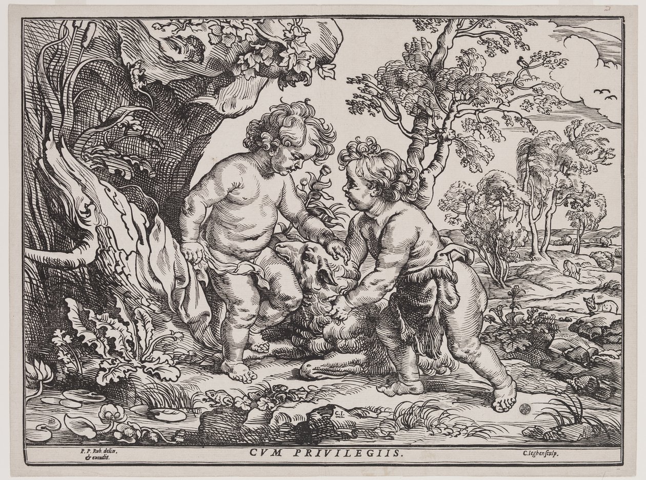 Cristo Infante y San Juan jugando con un cordero, grabado por Christoffel Jegher (1596-1653), después de 1632 de Peter Paul (after) Rubens