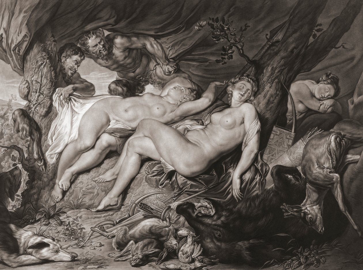 Diana dormida y sus ninfas espiadas por sátiros. (imprimir) de Peter Paul (after) Rubens