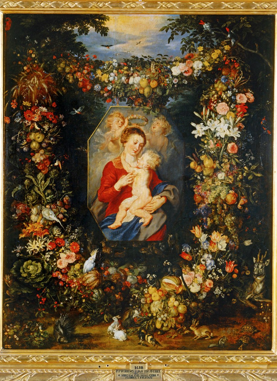 María Virgen y el Niño con corona de flores y frutos ... de Peter Paul & Brueghel Jan (1601 78) Rubens