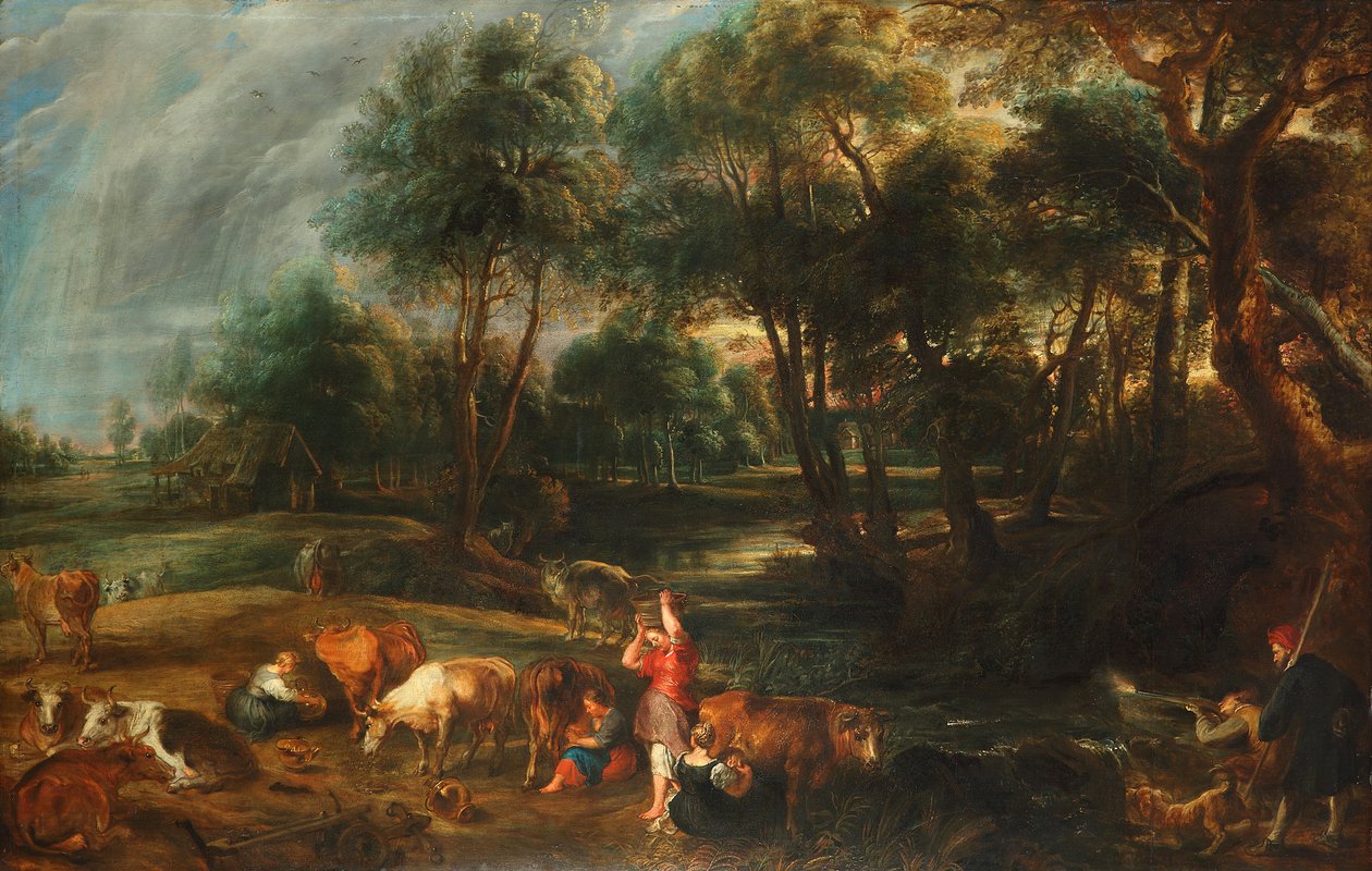 Un paisaje con vacas y cazadores de patos de Peter Paul Rubens