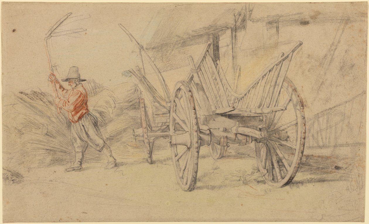 Un hombre trillando junto a un carro, edificios agrícolas detrás de Peter Paul Rubens
