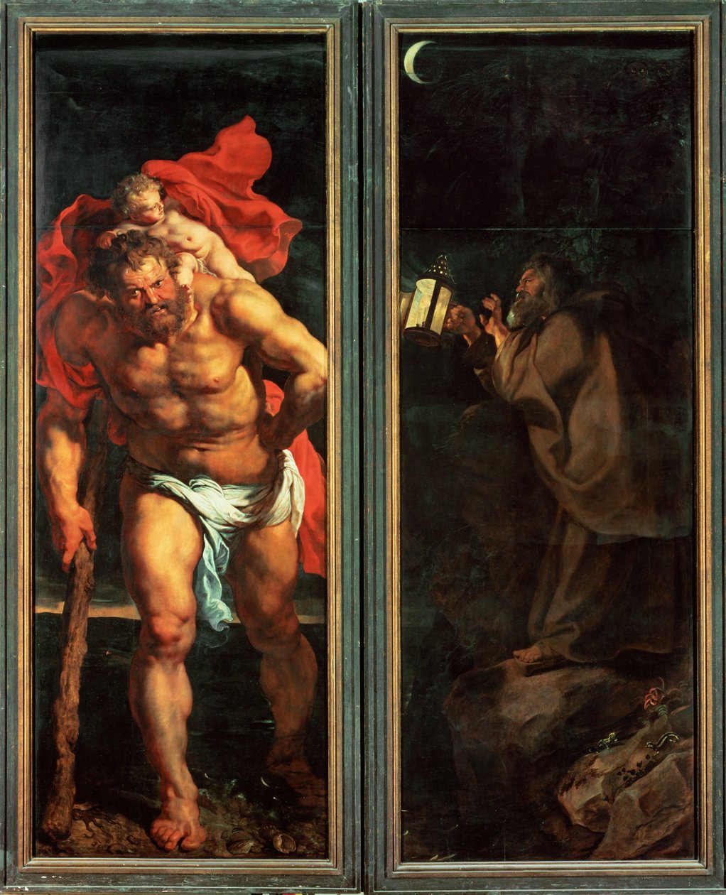 Altar: Descendimiento de la Cruz, cerrado, lado izquierdo: San Cristóbal (pintura sobre lienzo) de Peter Paul Rubens