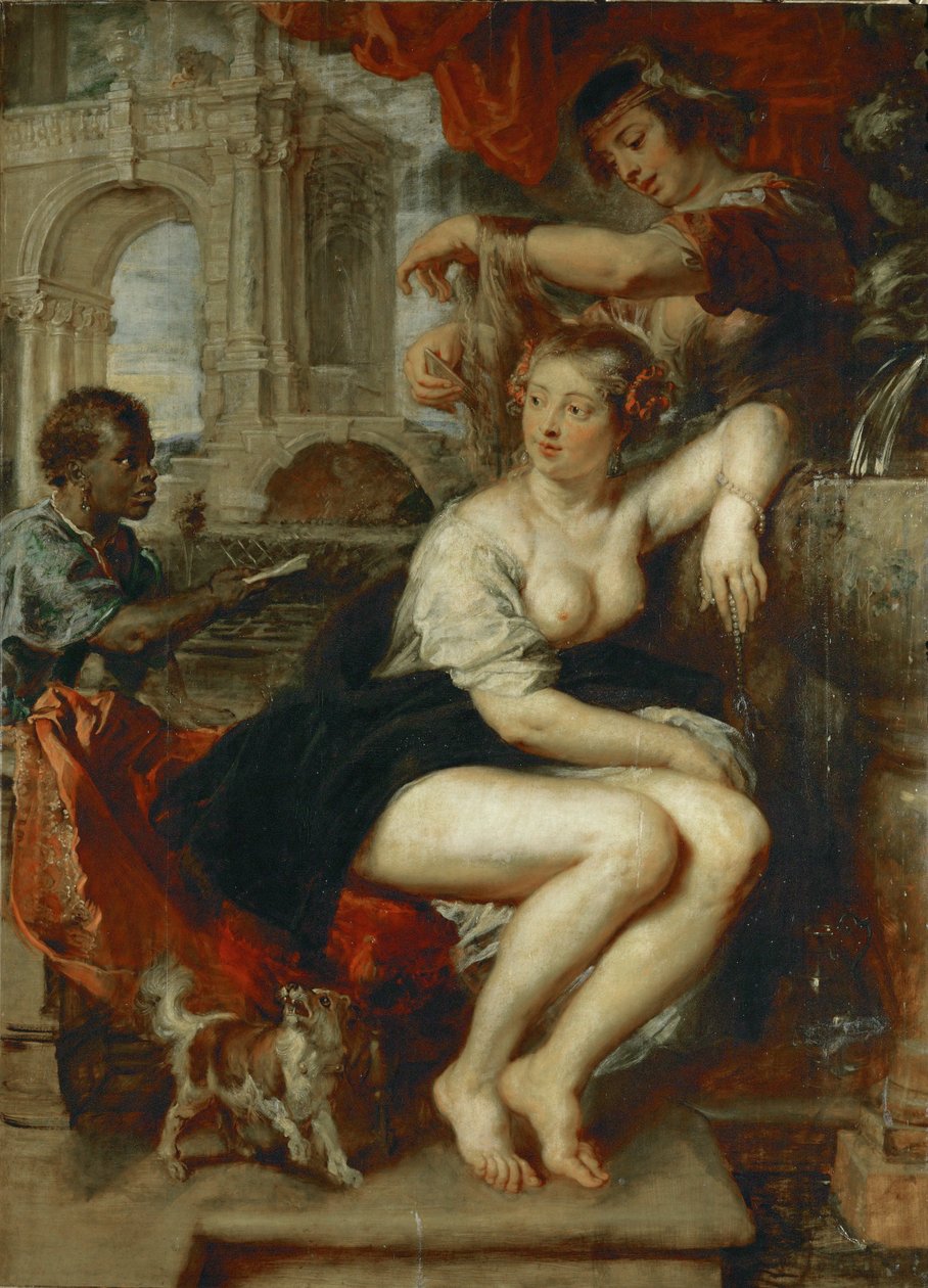 Betsabé en el pozo, un niño trae la carta del rey David (pintura sobre madera de roble) de Peter Paul Rubens