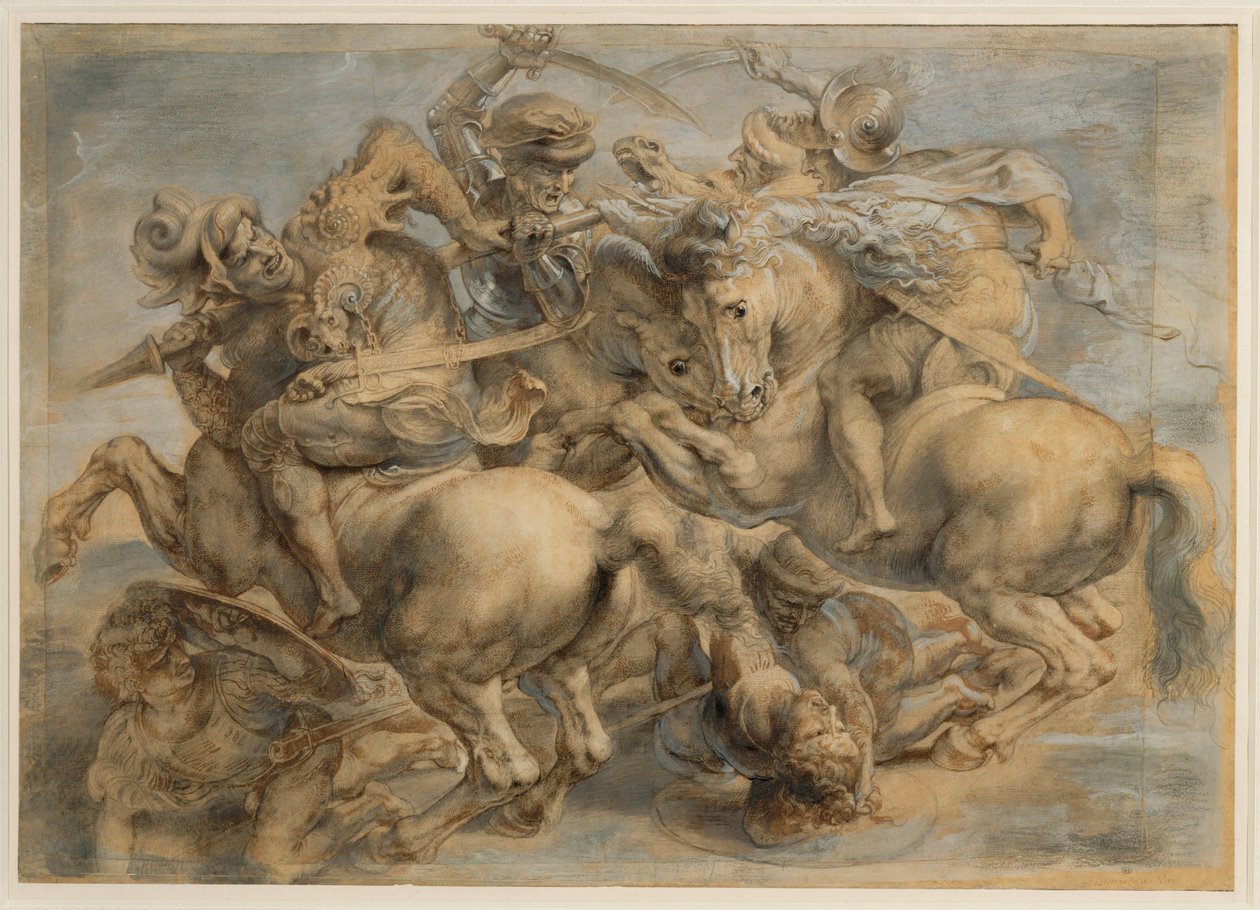 Batalla de Anghiari (tinta marrón, piedra negra, pincel, pluma, realzado con aguada y blanco de plomo) de Peter Paul Rubens