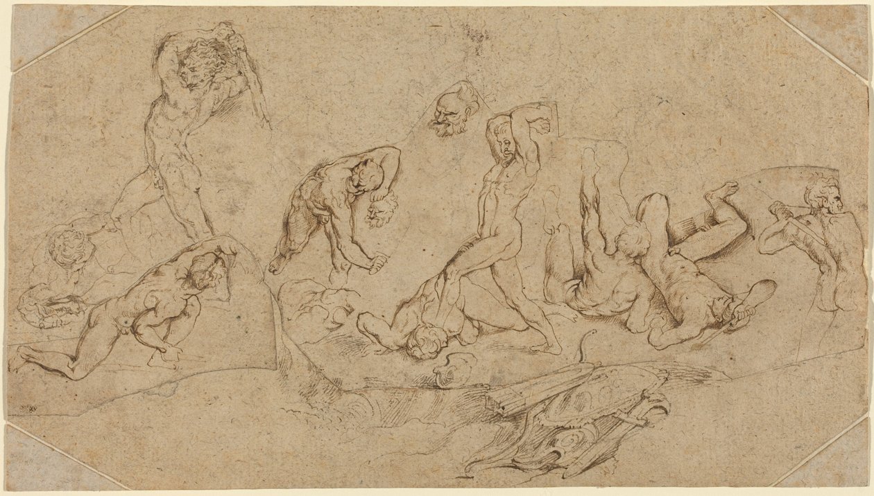 Batalla de hombres desnudos (pluma y tinta marrón sobre tiza negra sobre cuatro trozos cortados irregularmente de dos tipos de papel verjurado; verjurado y con esquinas añadidas) de Peter Paul Rubens