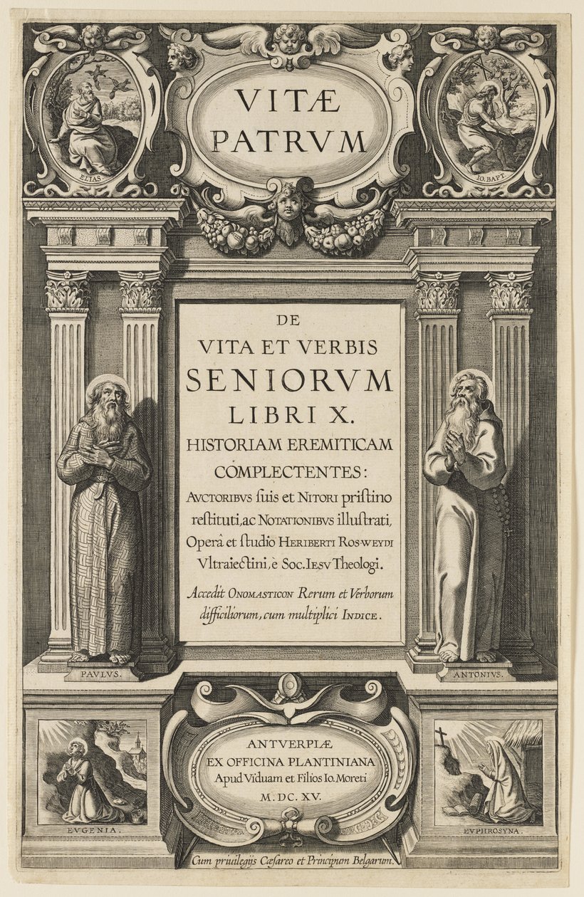 Frontispicio de "Vidas de los Padres" por Heribert Rosweyde, grabado por Theodor Galle de Peter Paul Rubens
